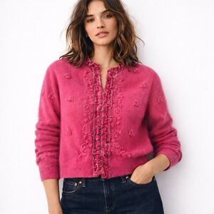 CAbi Rose Pink‎ Angora Blend Beaded Velvet Trim Cardigan Sz S